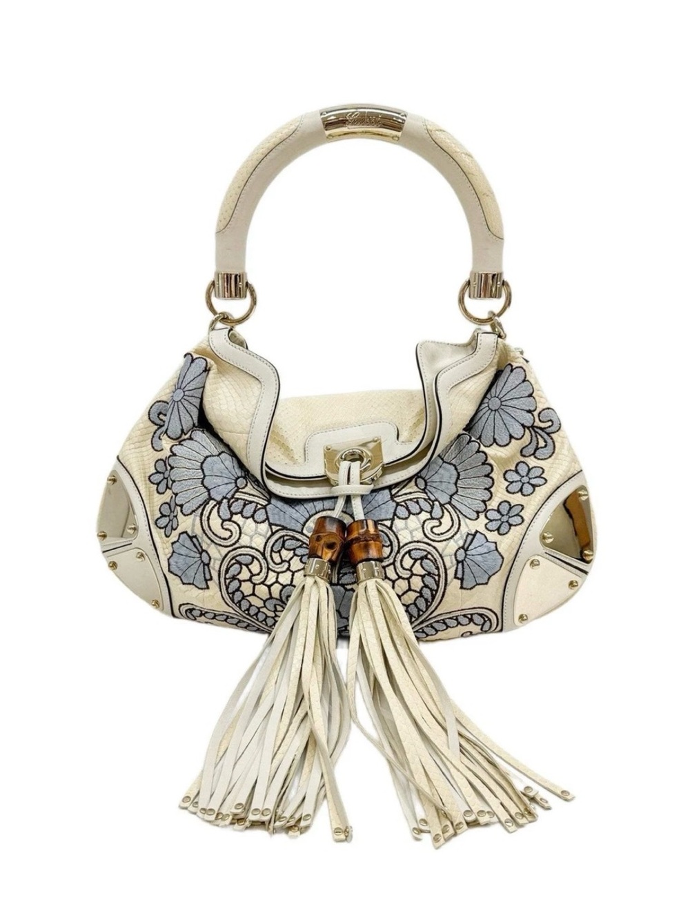 Gucci Cream SnakeskinShoulder Bag with Blue Floral Embroidery and Tassel Accents